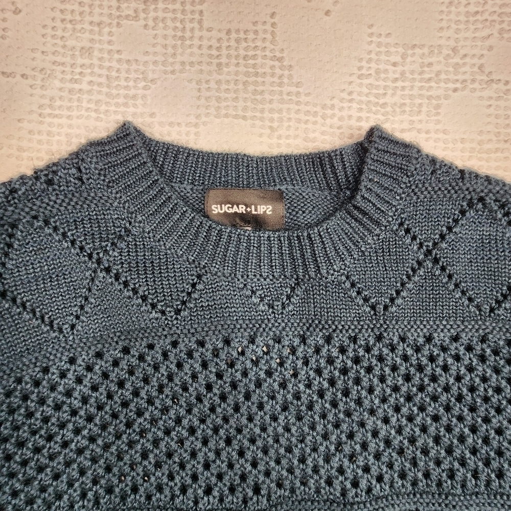 Sugar Lips Navy Blue Knit Bell Sleeve Sweater Size M/L - Picture 3 of 12